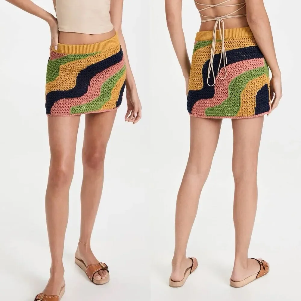 Free People Mila Crochet Mini Skirt Size L Forsythia Combo Cotton Boho NWT $108 - Picture 4 of 9